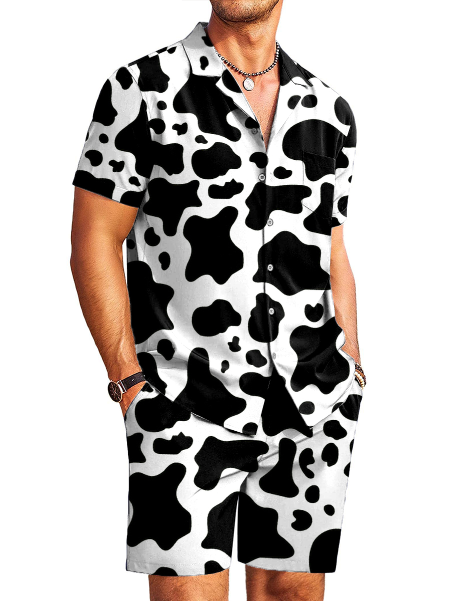 Men's Sets Hawaiian Cow Pattern Button Down Two-Piece Shirt Shorts Set