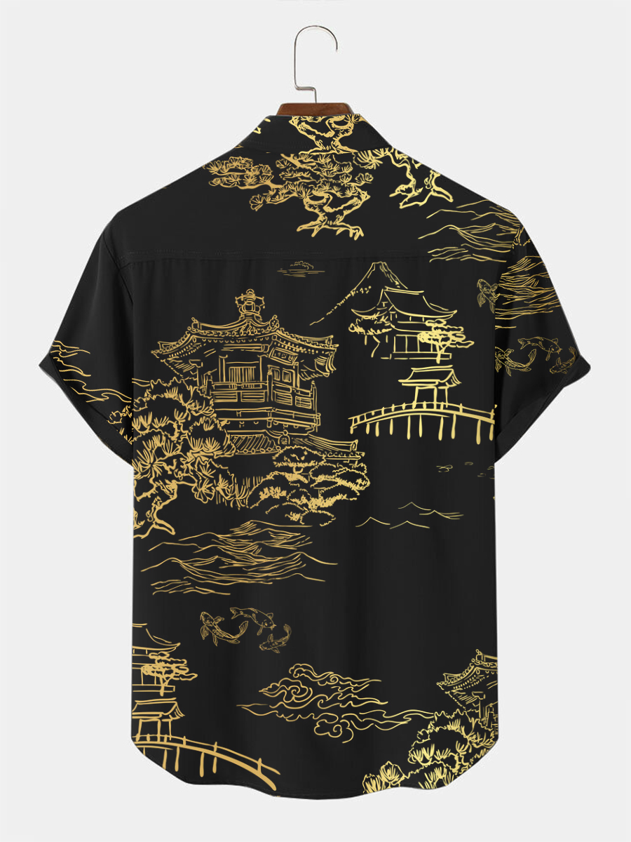 Japanese Style Pavilion Print Short Sleeve Shirt