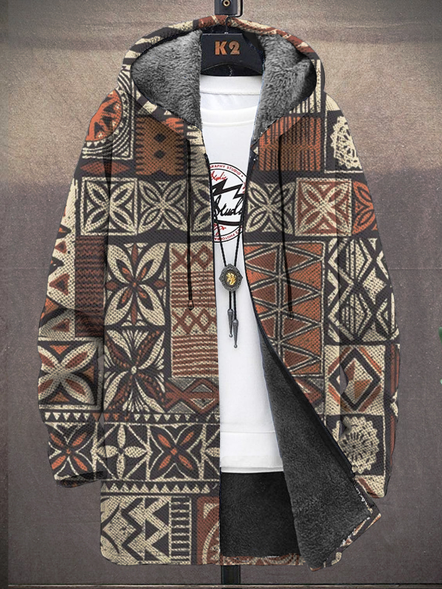 Men's Art Vintage Pattern Print Hooded Two-Pocket Fleece Cardigan Jacket