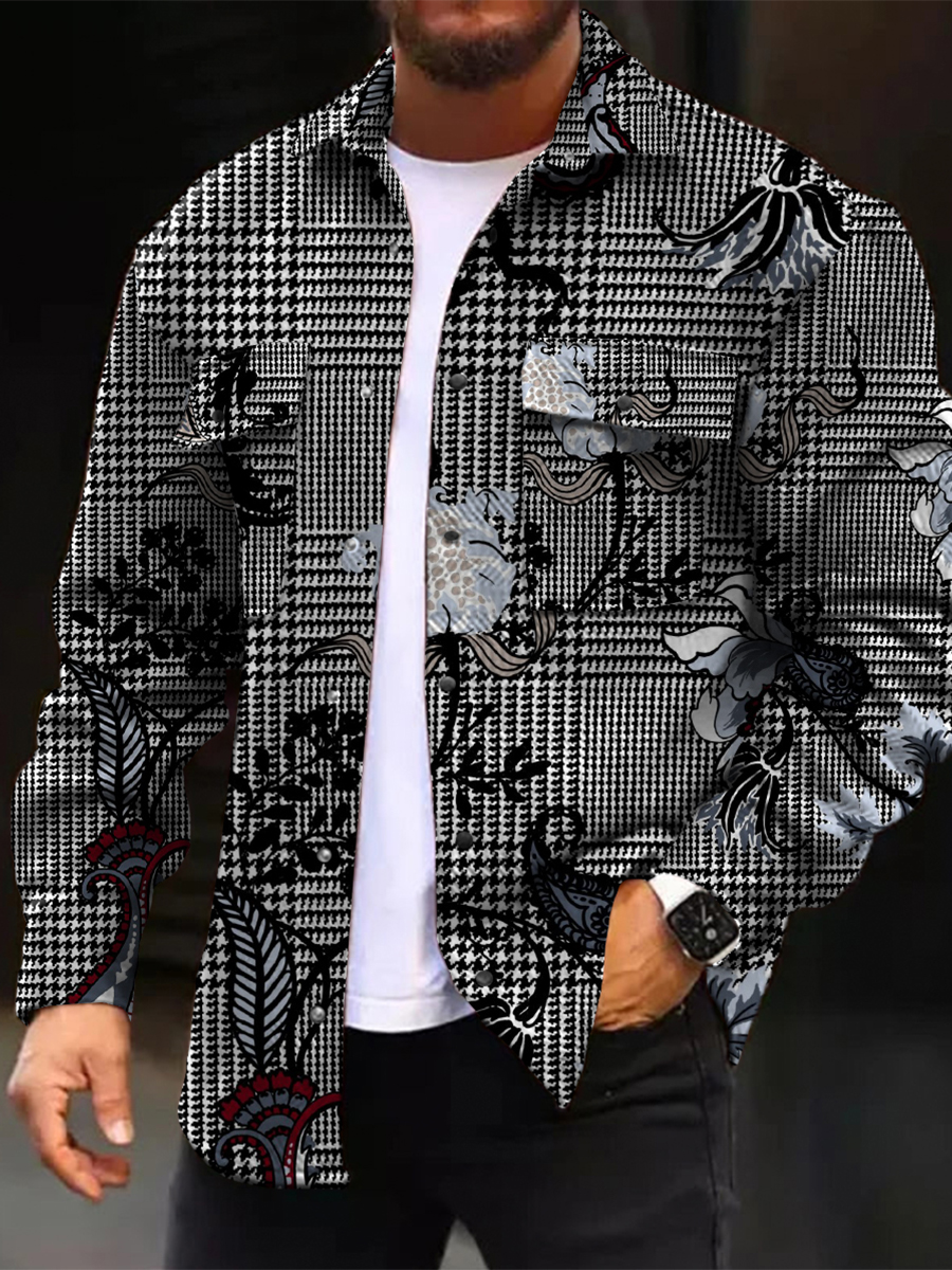 Men's Casual Jacket Fashion Floral Plaid Printed Long Sleeve Pocket Jacket
