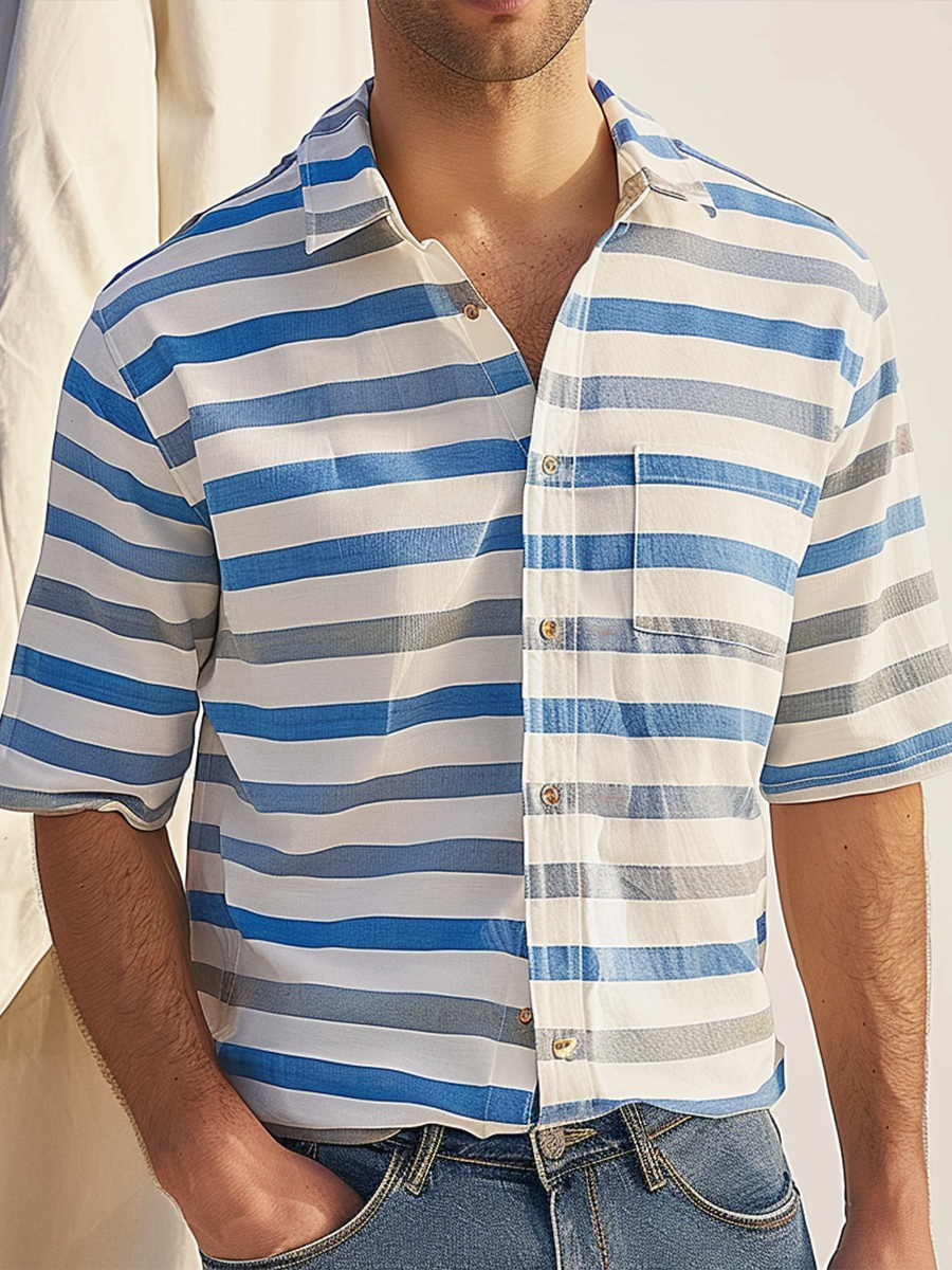 Men's Shirt Basic Stripes Print Casual Vacation Oversized Short Sleeve Shirt