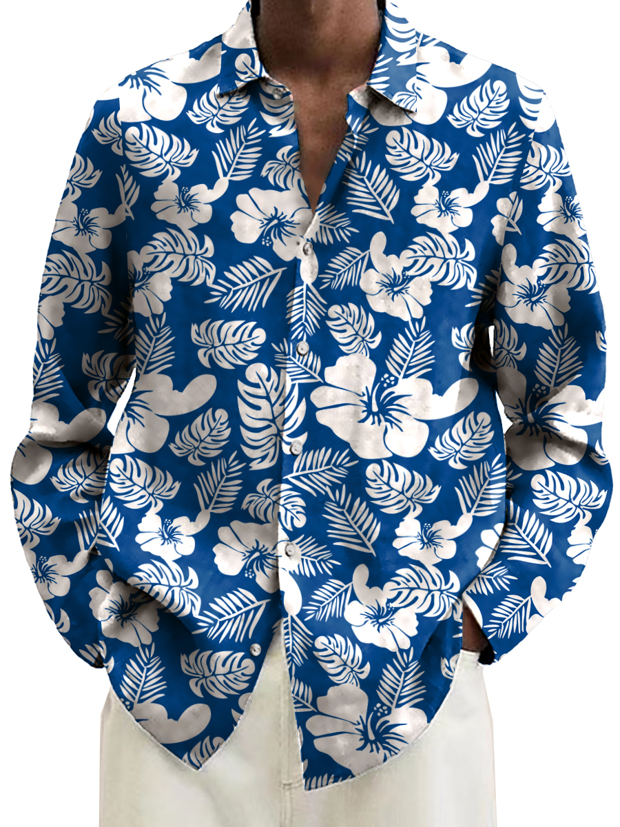 Retro Hibiscus Print Long Sleeve Hawaiian Shirt
