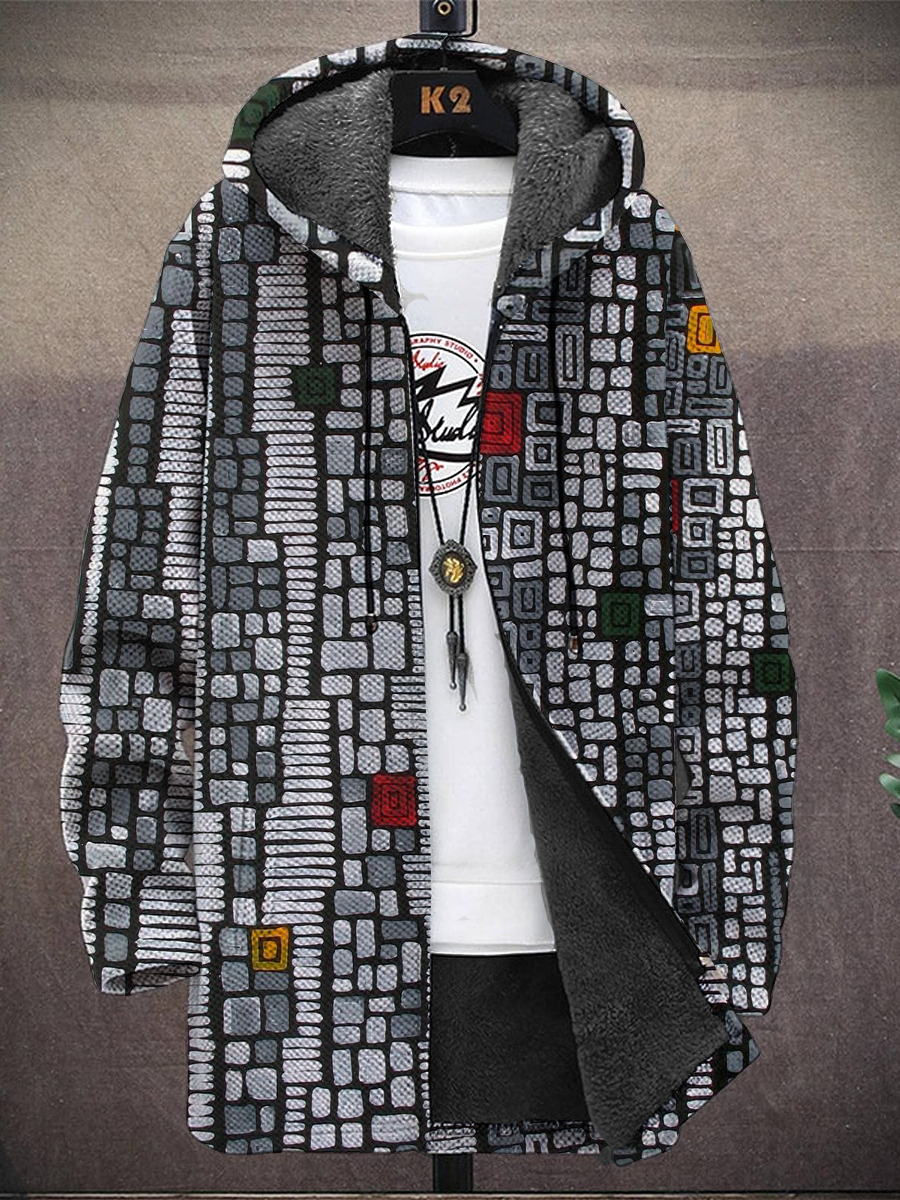 Men's Vintage Geometry Art Print Hooded TwoPocket Fleece Cardigan Jacket