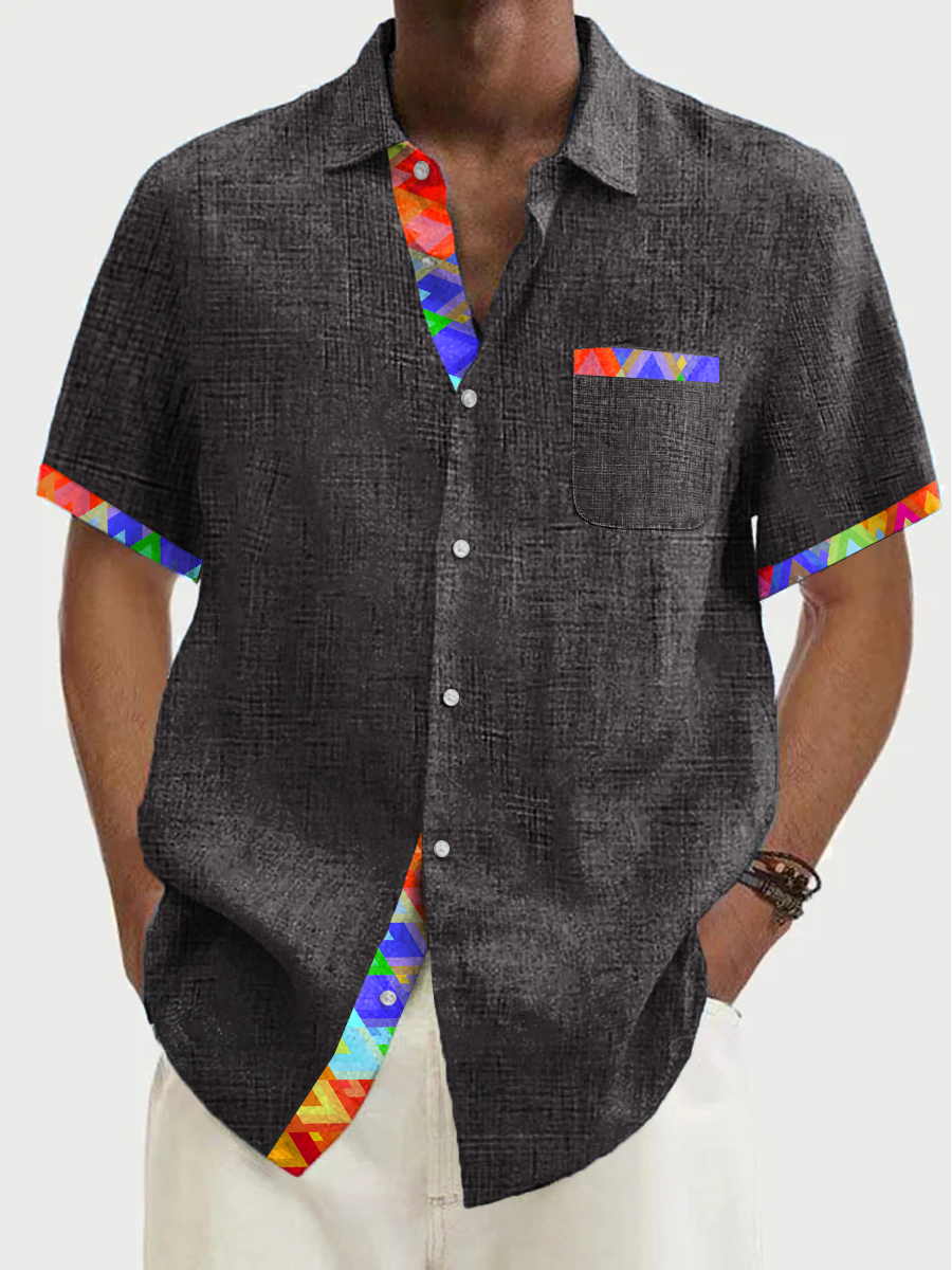 Men's Cotton-Linen Shirts Summer Geometry Patchwork Lightweight Hawaiian Shirts