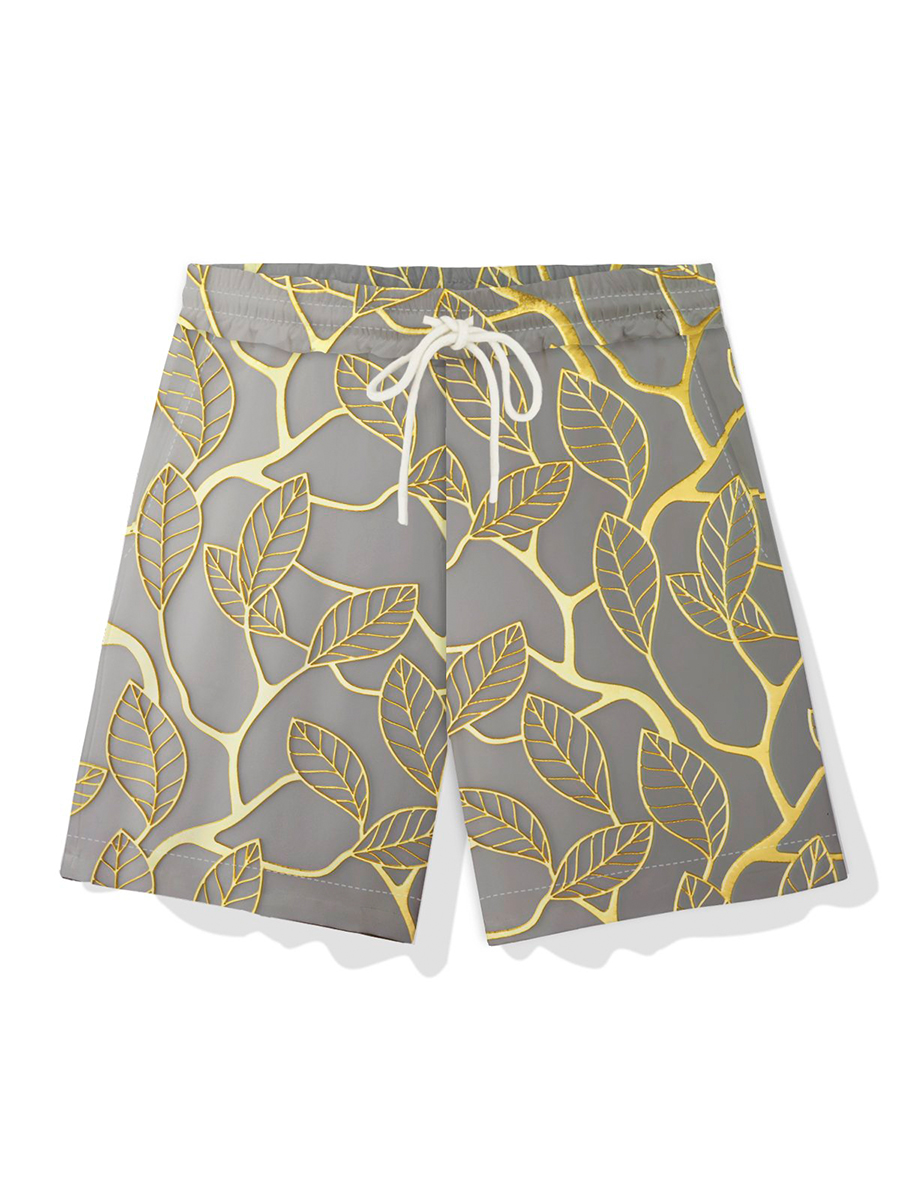 Hawaiian Gold Leaf Print Men's Drawstring Elastic Shorts