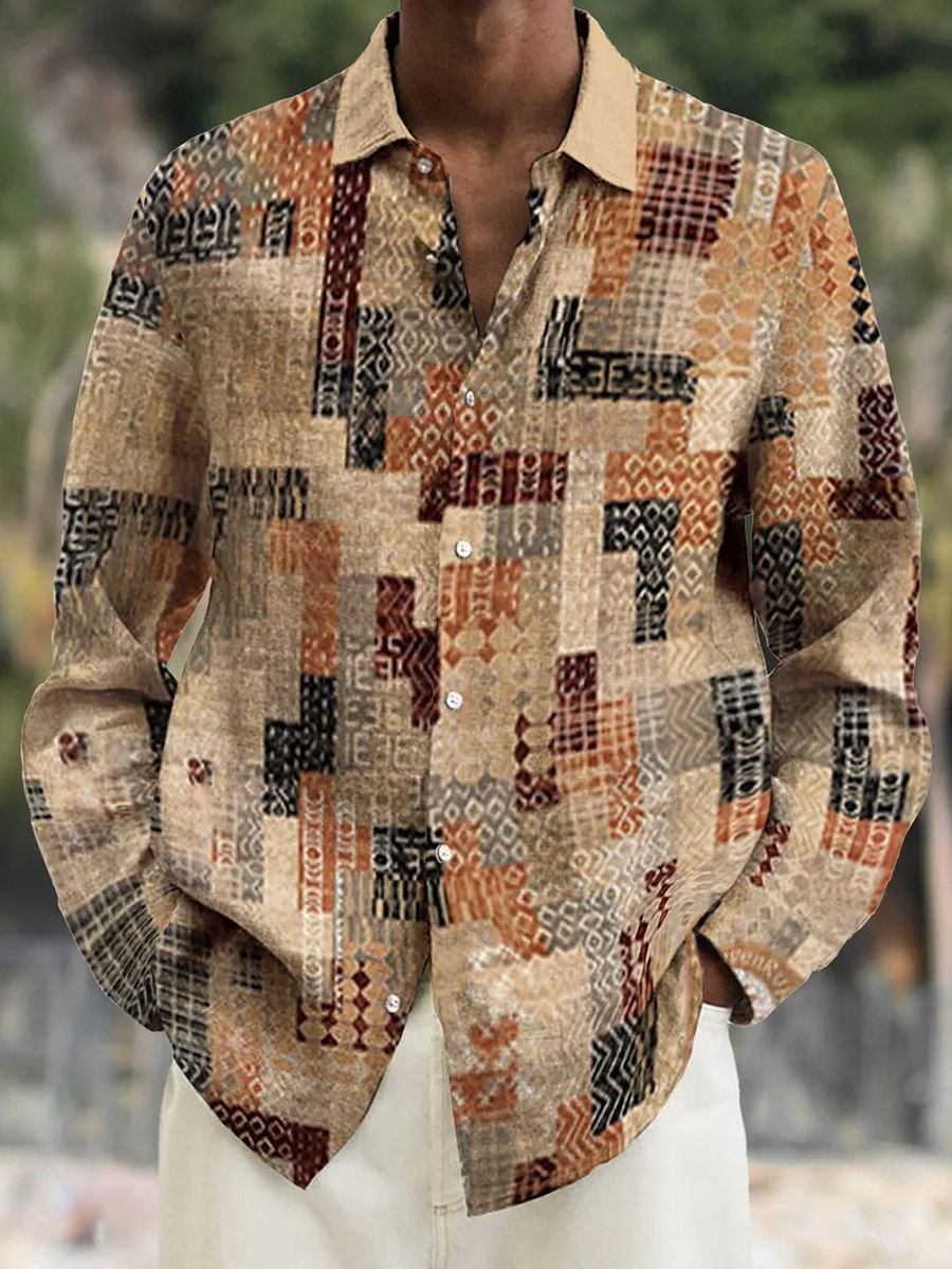 Men's Casual Shirt Vintage Geometric Print Turndown Long Sleeve Print Shirt