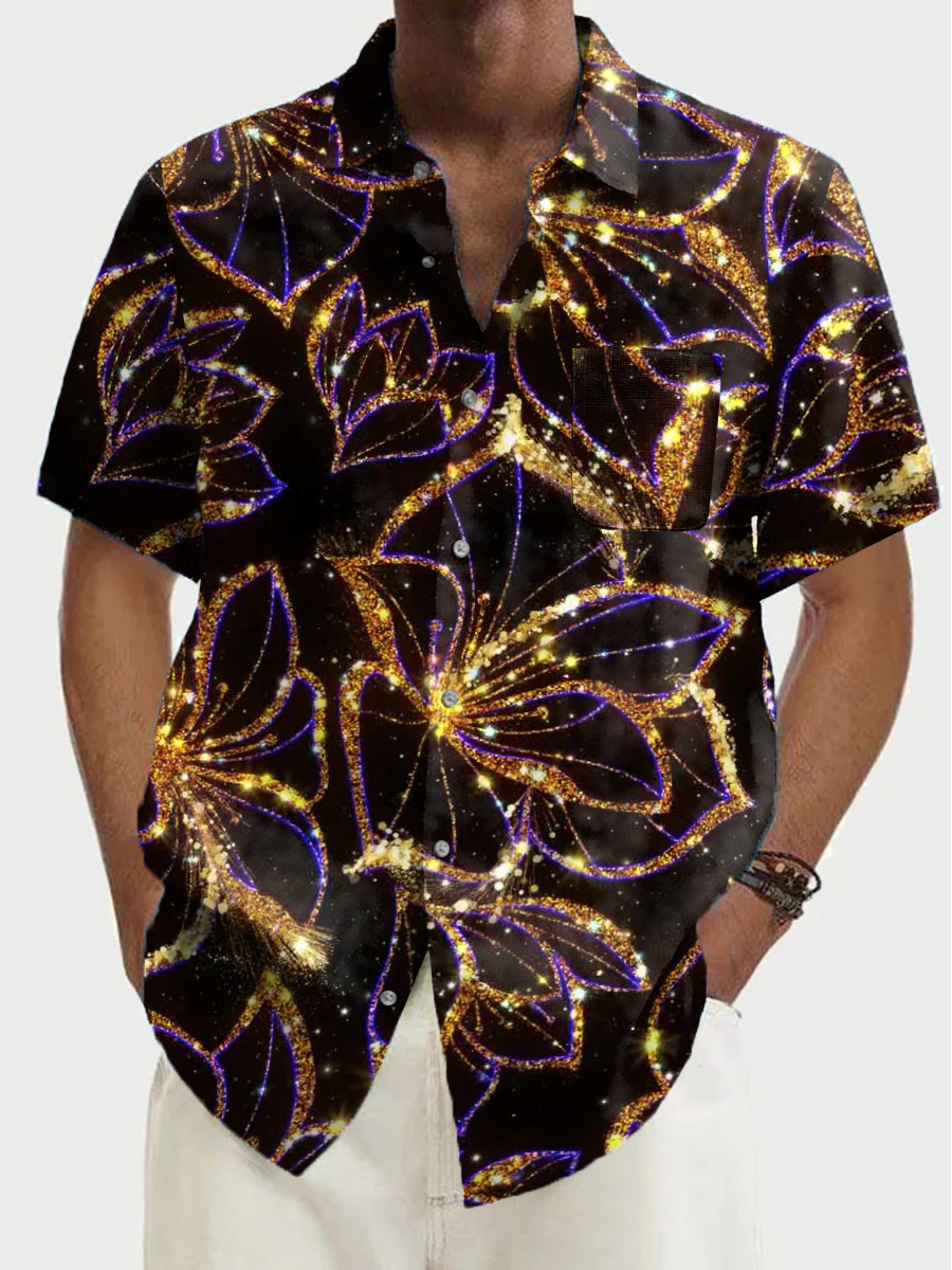 Men's Shirt Golden Butterfly Print Vacation Oversized Short Sleeve Shirt
