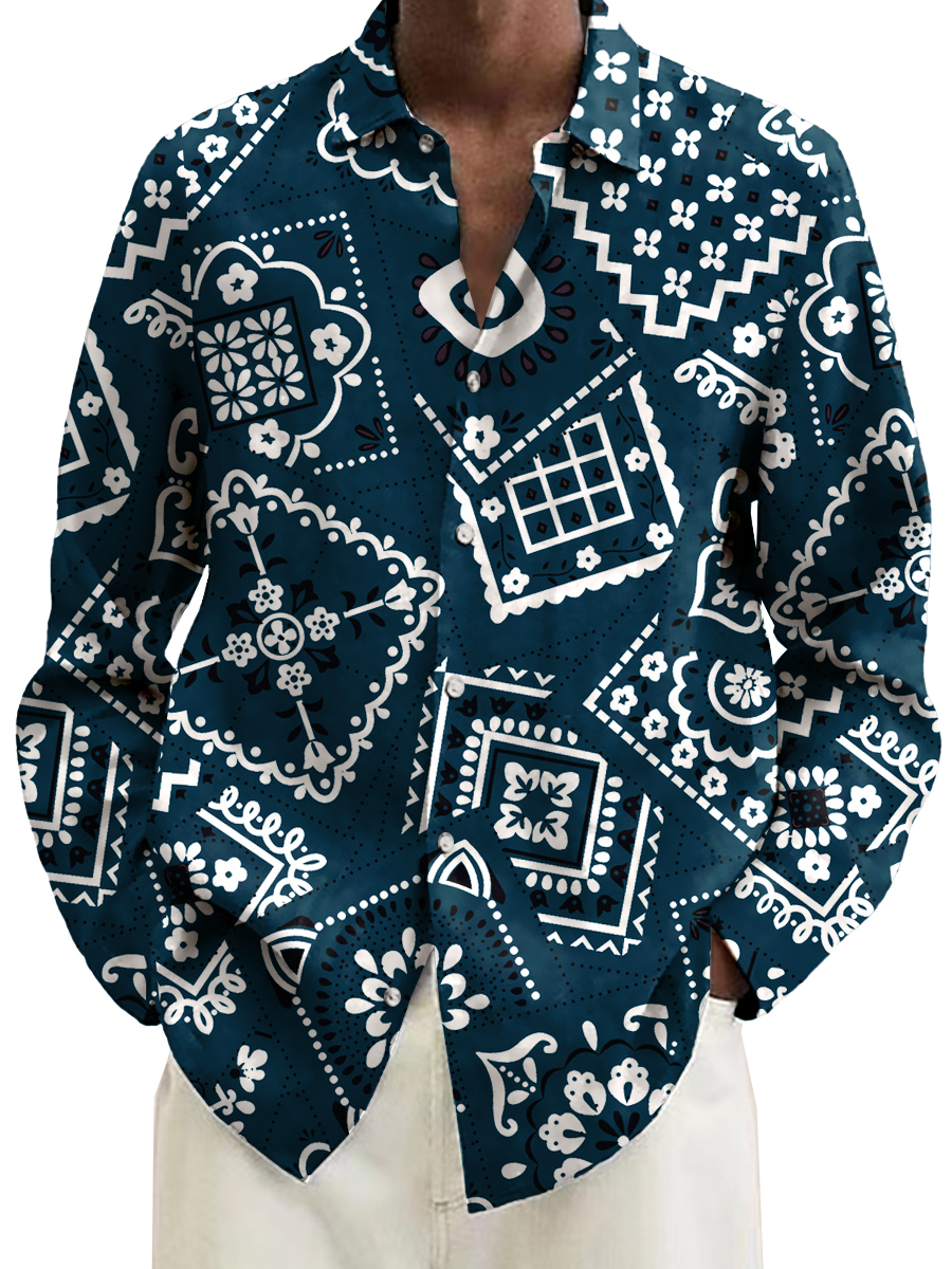 Vintage Paisley Print Long Sleeve Hawaiian Shirt