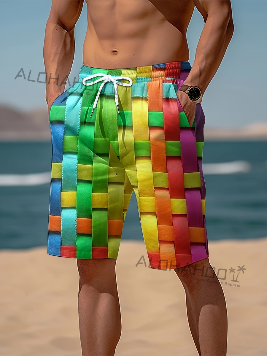 Men's Hawaiian Rainbow Geometry Art Pattern Beach Shorts