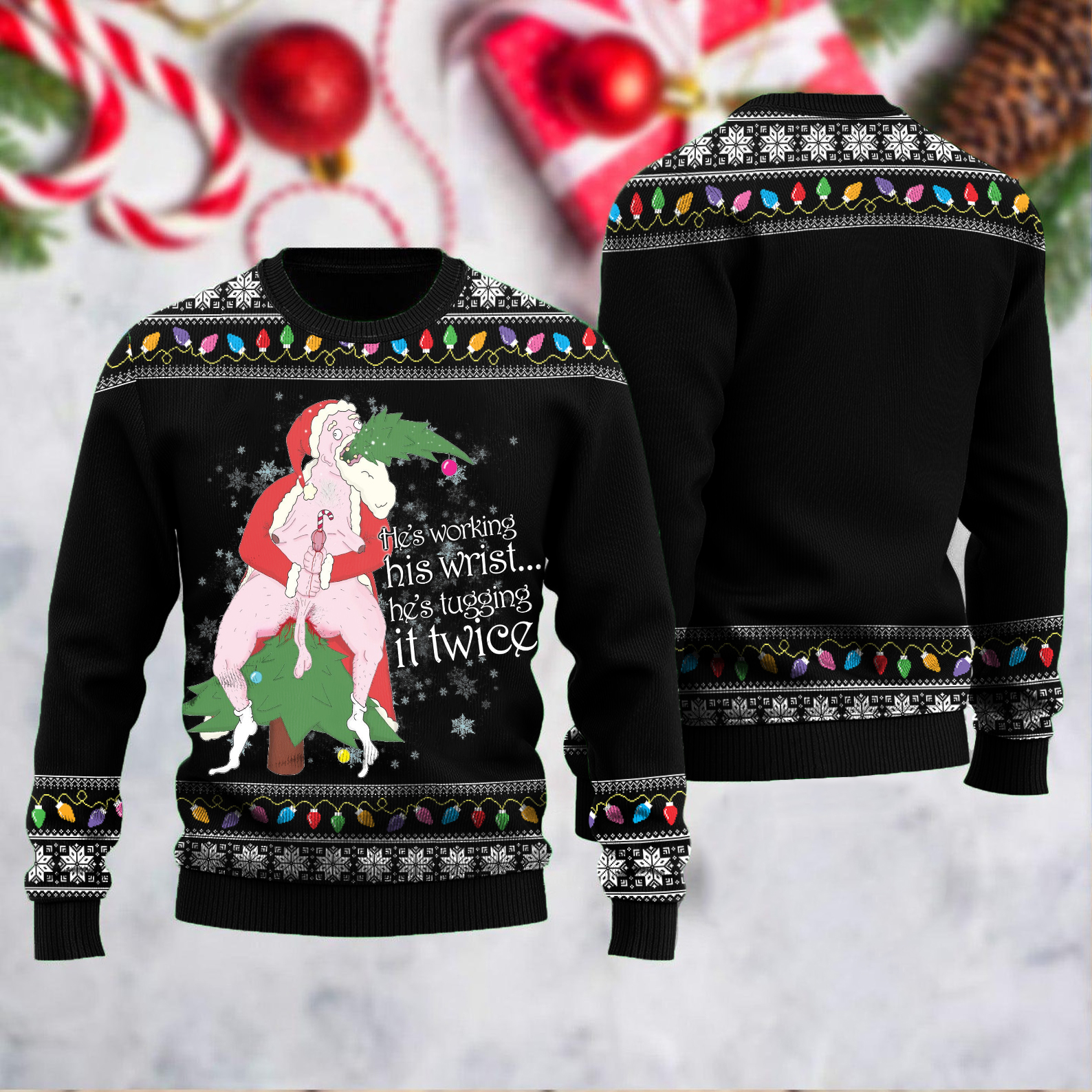 Ugly Christmas Dirty Christmas He's Working His Wrist Print Knit Pullover Sweater