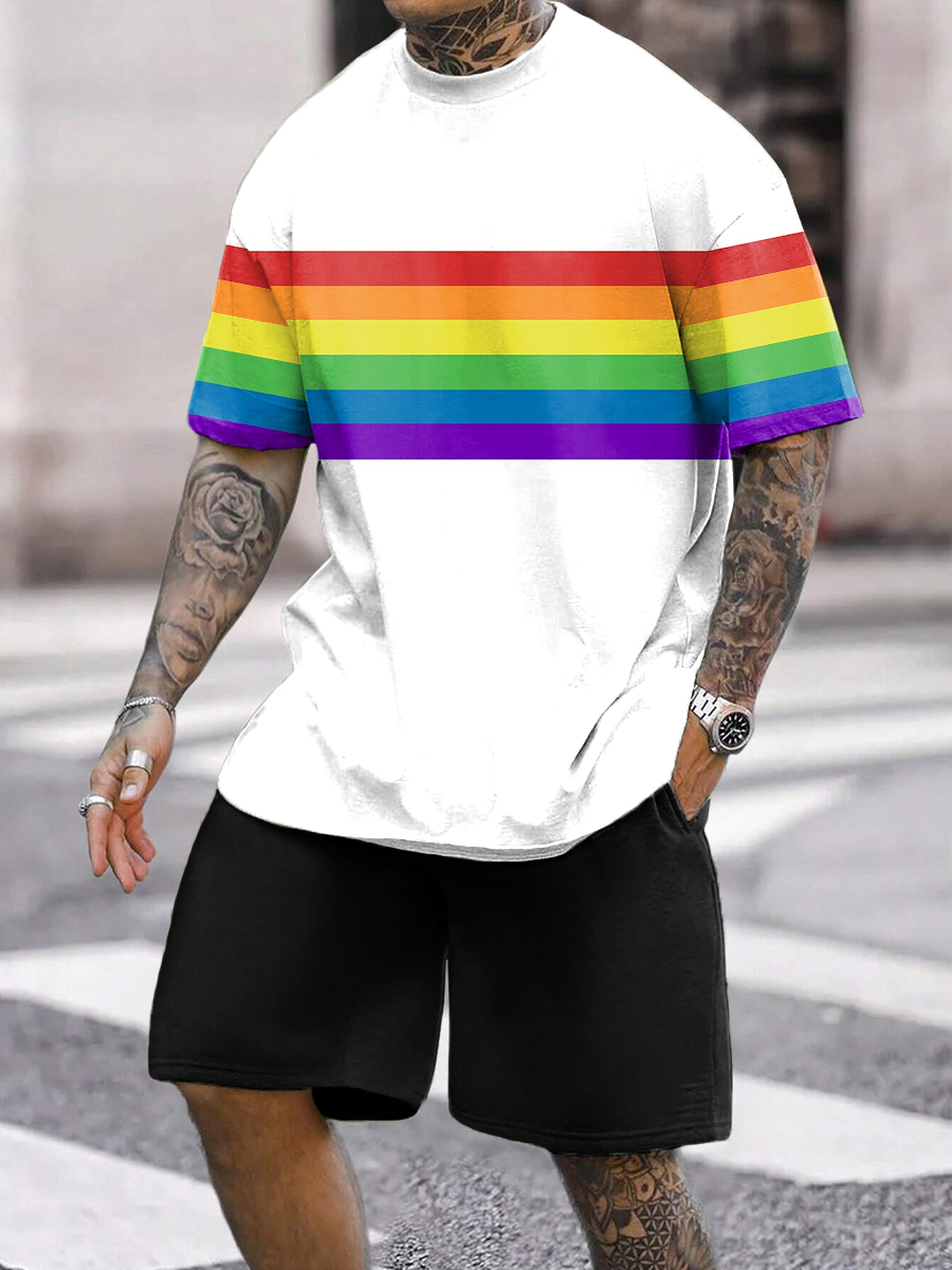 Vintage Rainbow Art Printed T-shirt And Shorts Men's Sets
