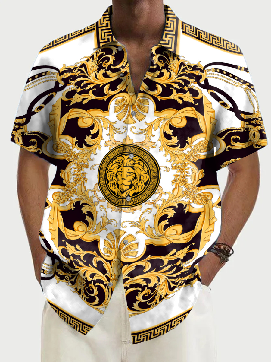Men's Stylish Lion Art Pattern Short Sleeve Casual Shirt