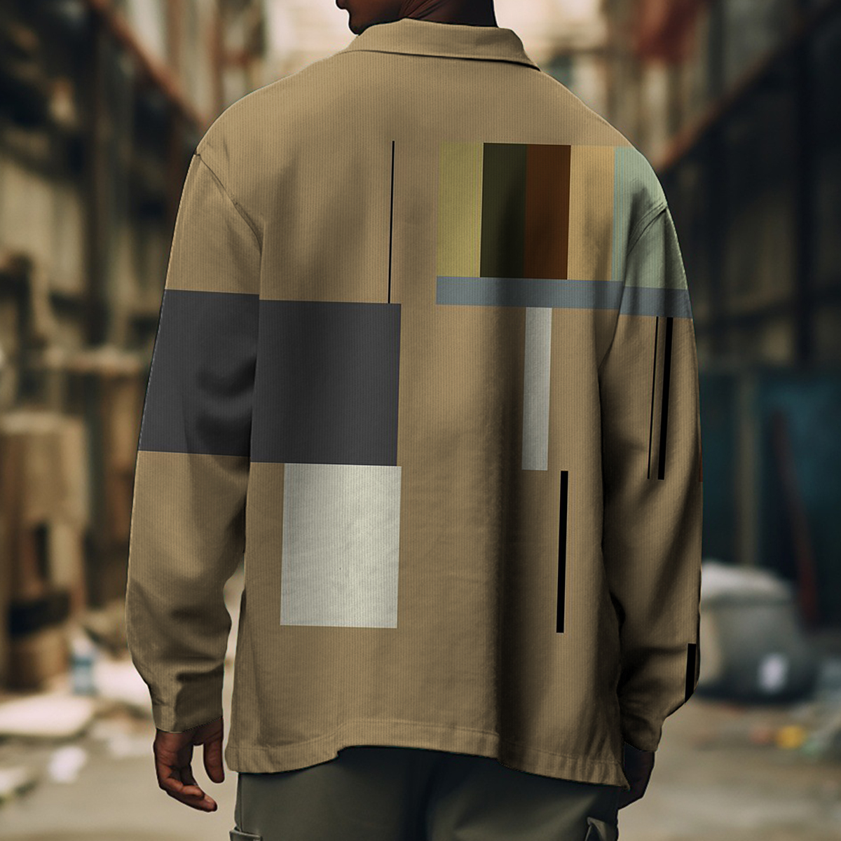 Men's Casual Jacket Retro Colorblock Pattern Long Sleeve Pockets Shirt Jacket