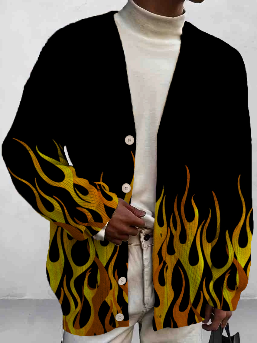 Men's Vintage Flame Print Buttoned Cardigan Sweater