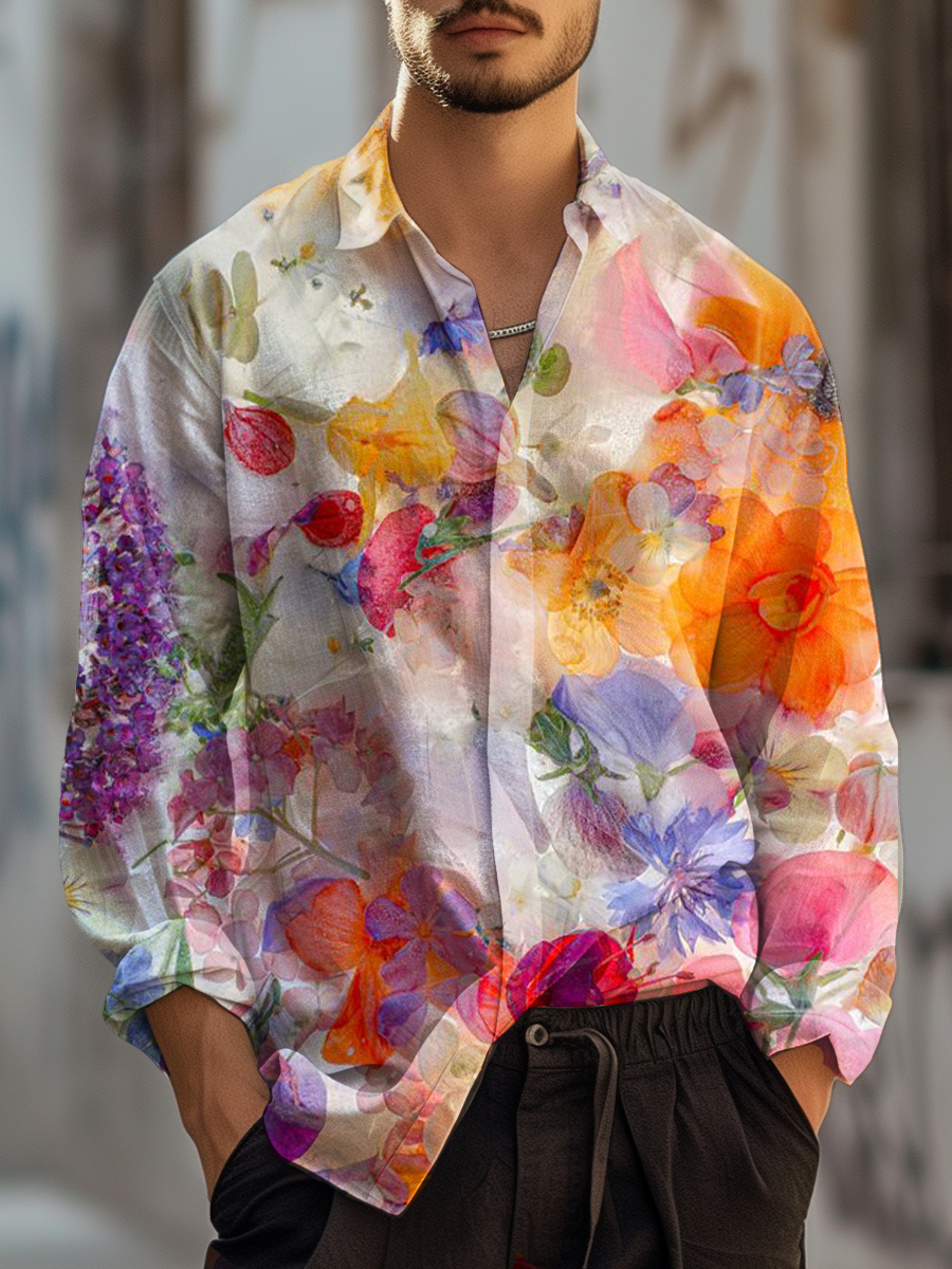Men's Hawaiian Shirt Watercolor Floral Casual Vacation Oversized Long Sleeve Shirt