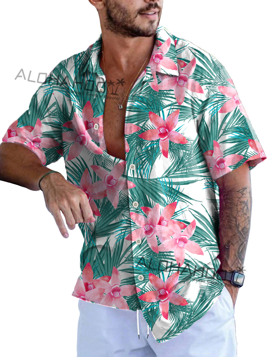 Men's Hawaiian Shirts Tropical Floral Palm Pattern Loose Short-Sleeved Shirt