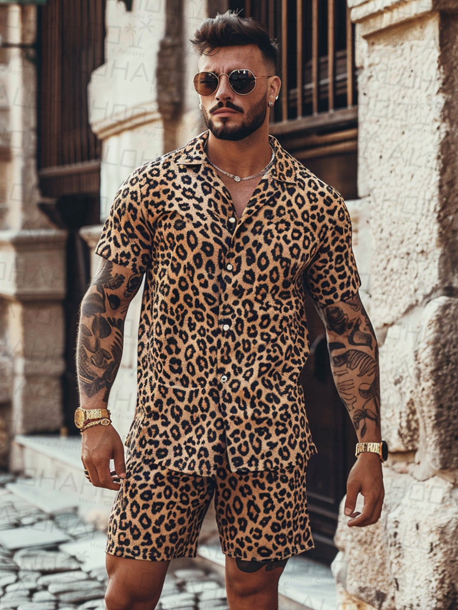 Men's Sets Hawaiian Leopard Print Button Two-Piece Shirt Shorts Set
