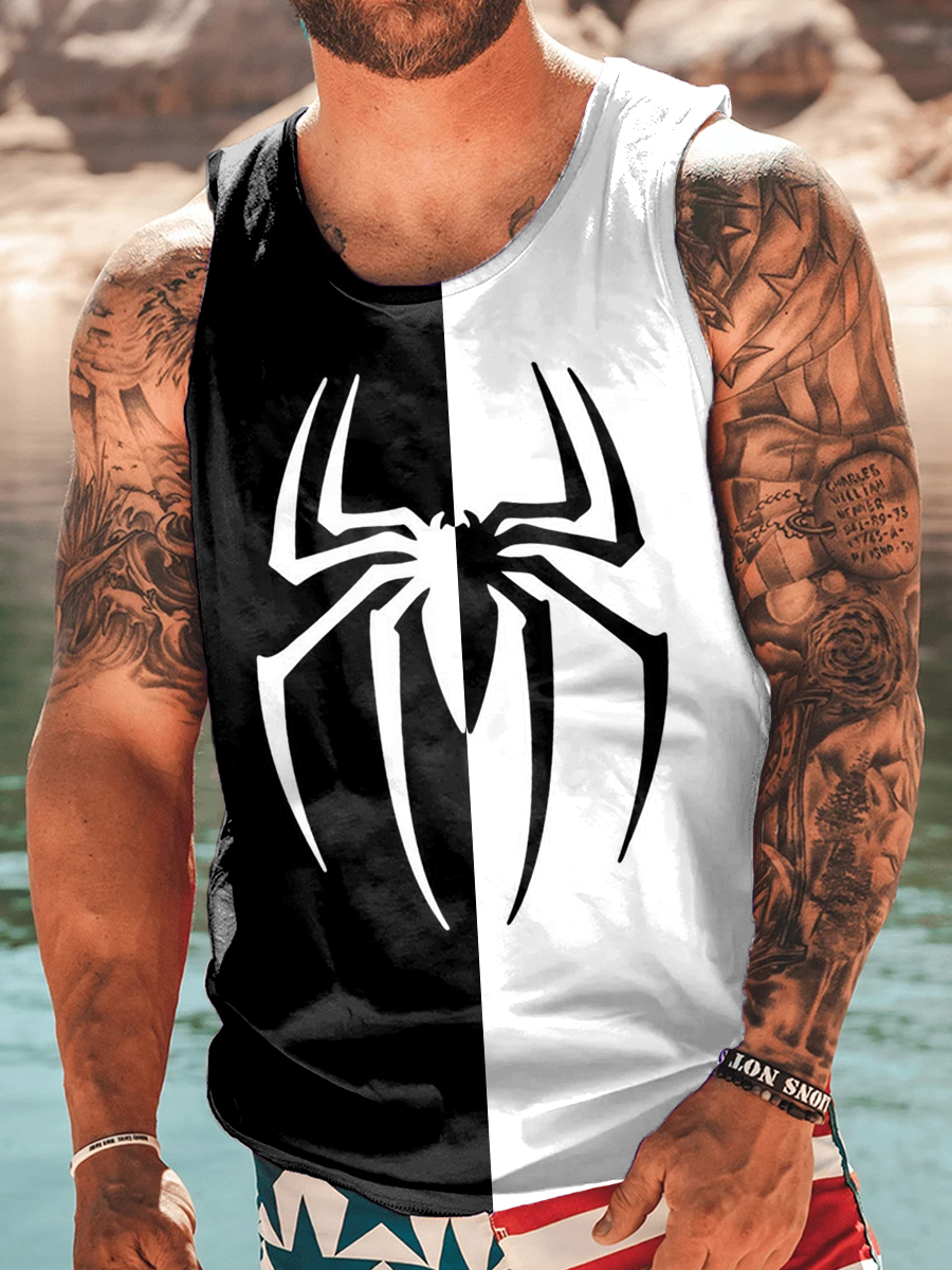 Men's 2 Print Spider Colorblock Pattern Crew Neck Tank Top Muscle Tee