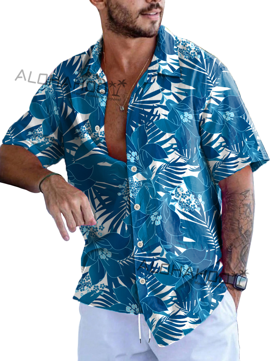 Men's Hawaiian Shirts Tropical Hibiscus Palm Pattern Loose Short-Sleeved Shirt