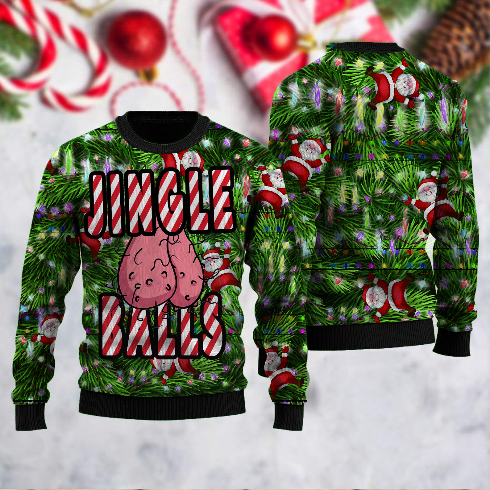 Fun Ugly Christmas Dirty Christmas Jingle Balls Print Knit Pullover Sweater