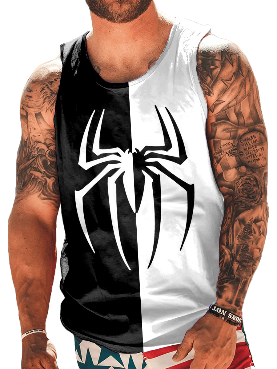 Men's 2 Print Spider Colorblock Pattern Crew Neck Tank Top Muscle Tee