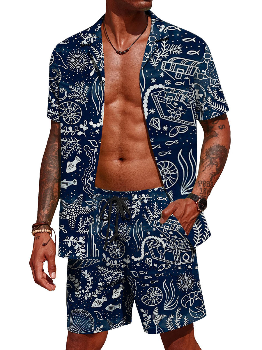 Men's Sets Hawaiian Nautical Pirate Pattern Button Pocket Two-Piece Shirt Shorts Set