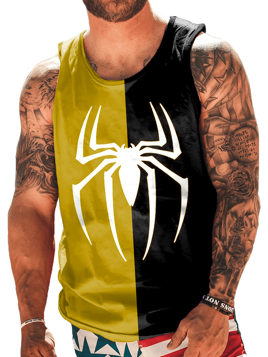 Men's 2 Print Spider Colorblock Pattern Crew Neck Tank Top Muscle Tee