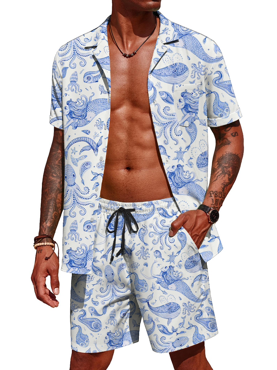Men's Sets Hawaiian Nautical Mermaid Pattern Button Pocket Two-Piece Shirt Shorts Set