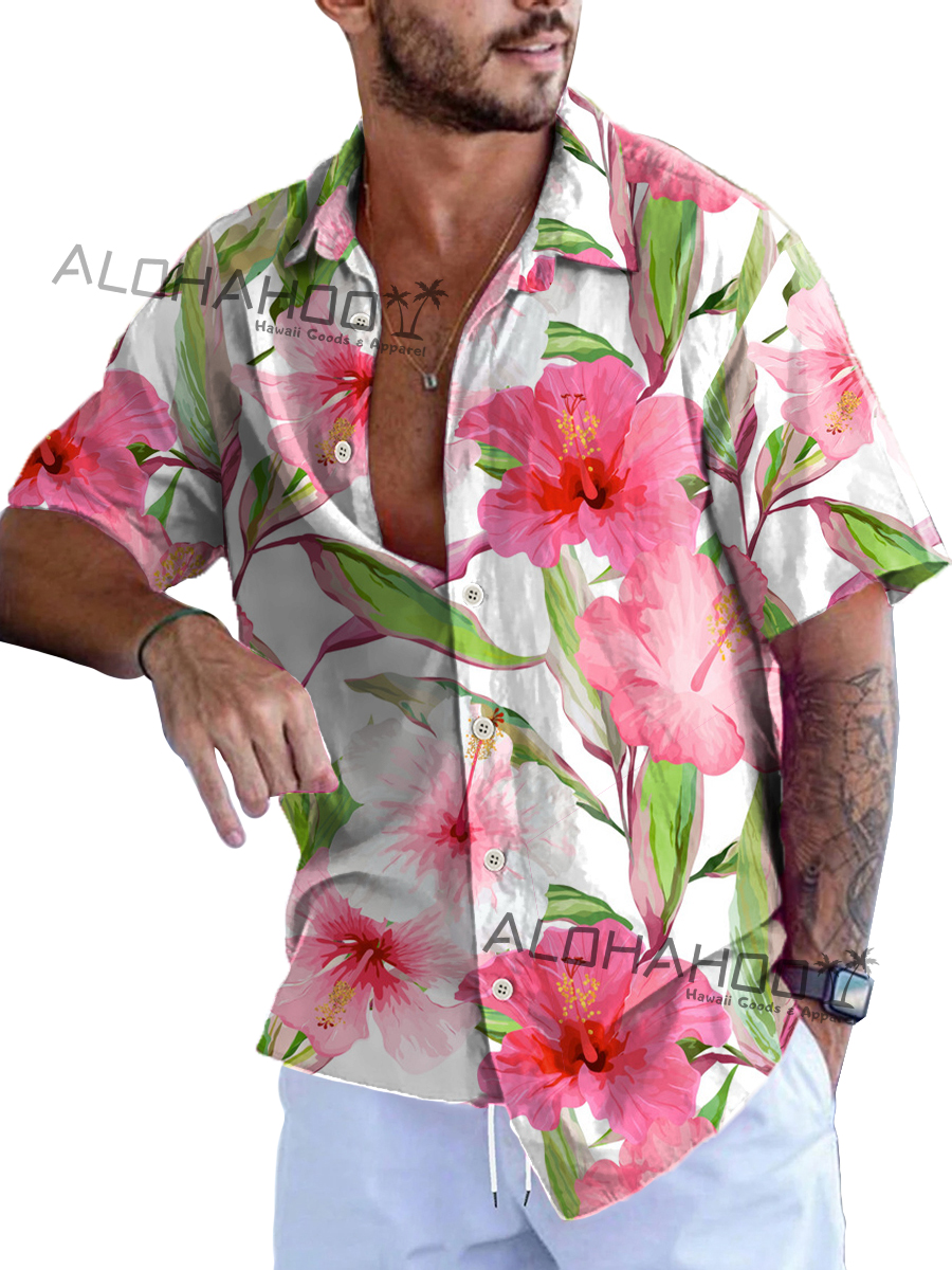 Men's Hawaiian Shirts Tropical Pink Hibiscus Pattern Loose Short-Sleeved Shirt