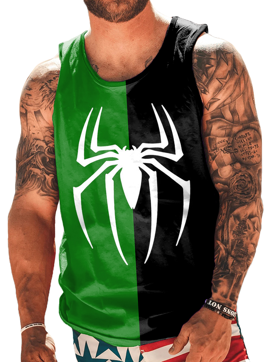 Men's 2 Print Spider Colorblock Pattern Crew Neck Tank Top Muscle Tee