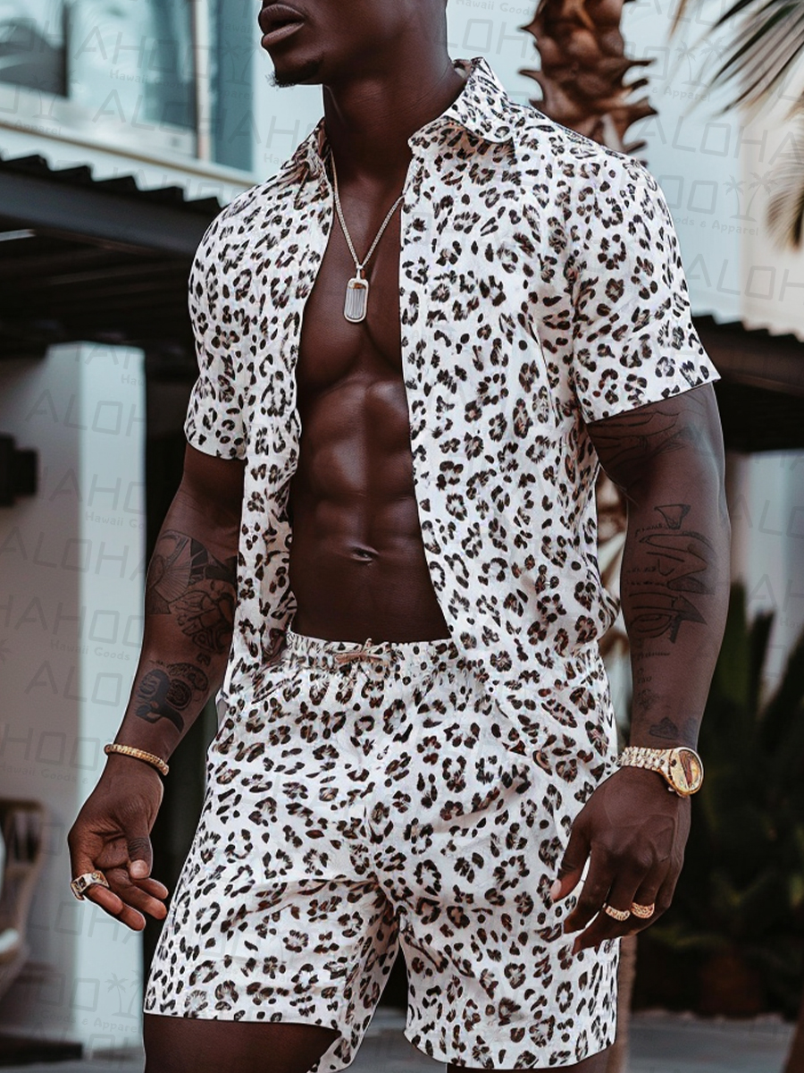 Men's Sets Hawaiian Leopard Print Button Two-Piece Shirt Shorts Set