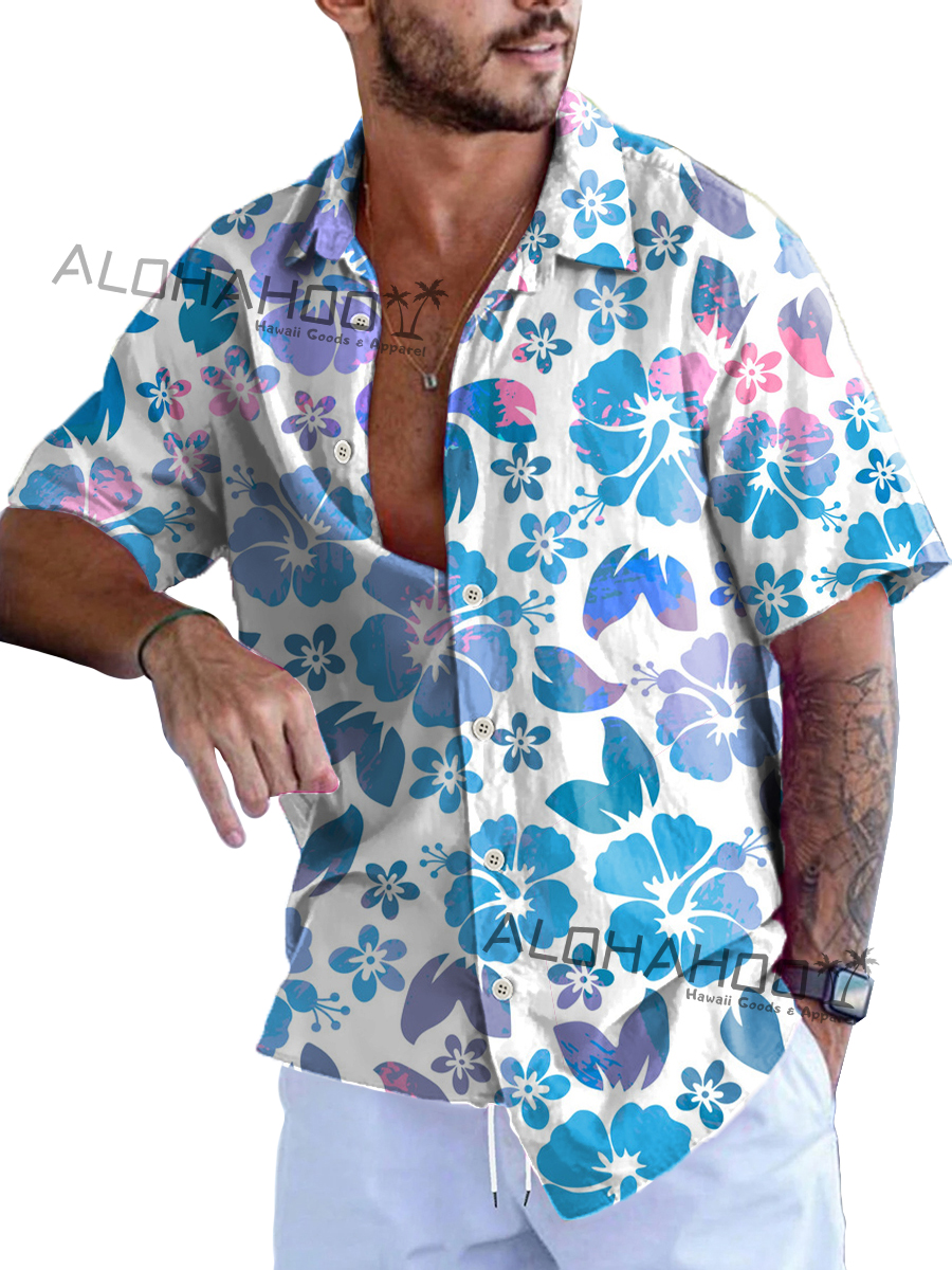 Men's Hawaiian Shirts Tropical Hibiscus Pattern Loose Short-Sleeved Shirt