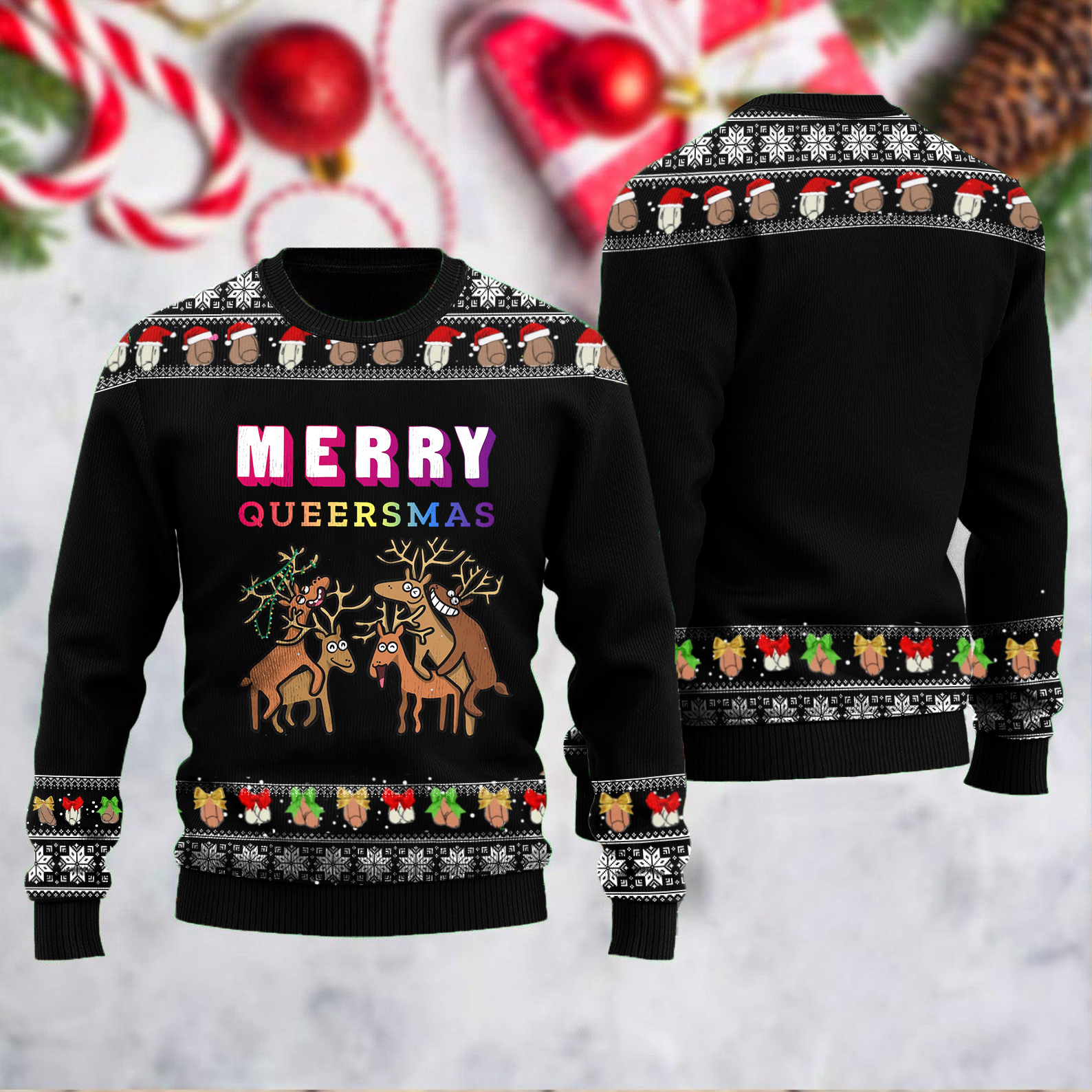 Ugly Christmas Dirty Christmas Merry Queersmas Print Knit Pullover Sweater