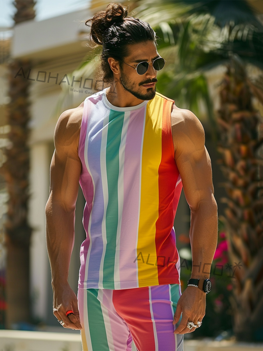Men's T-Shirt Holiday Rainbow Stripes Print Top Sleeveless T-Shirt
