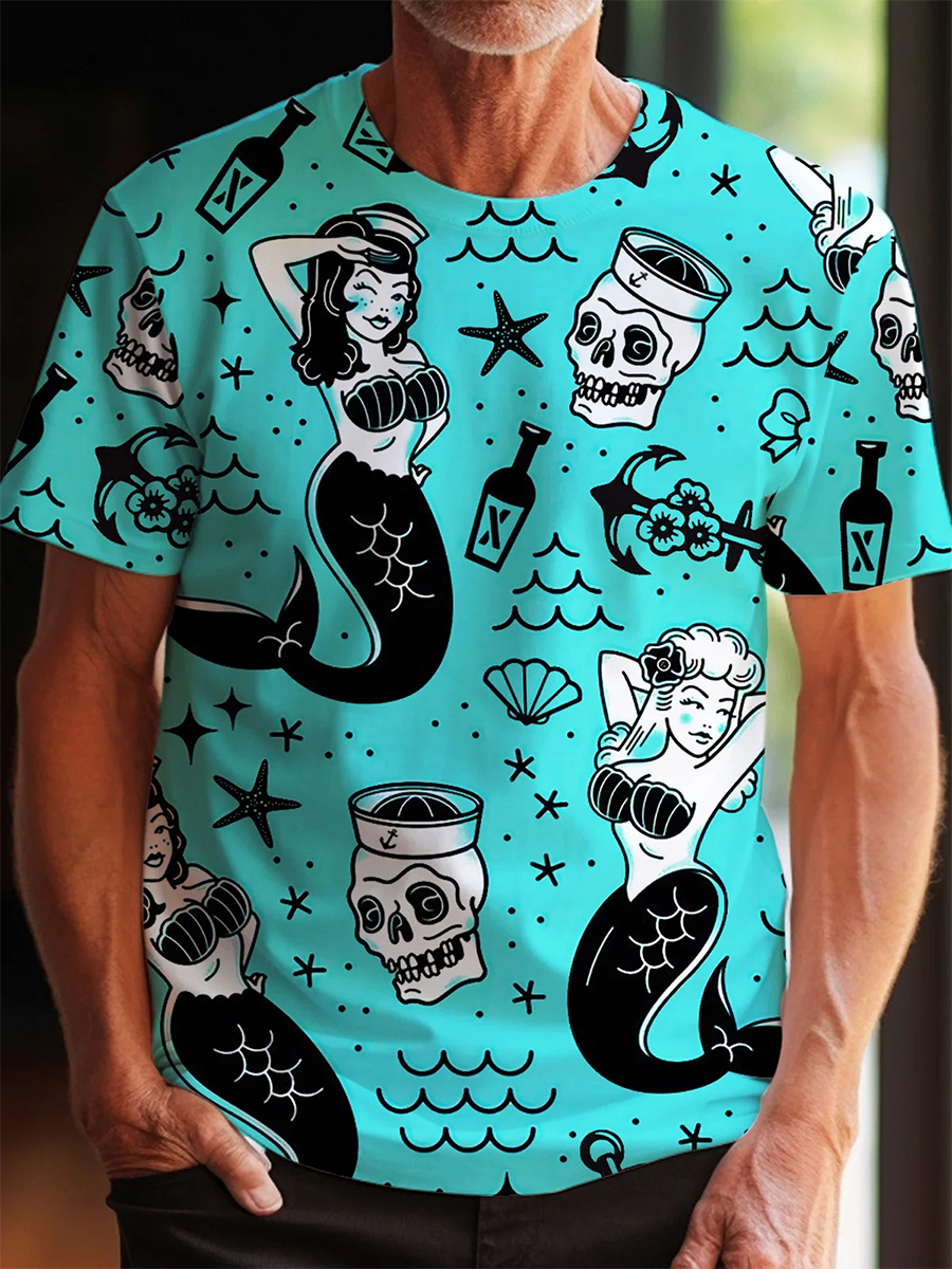 Retro Short Sleeve Crew Neck T-Shirt Nautical Tattoo Art Stretch Top Big Tall