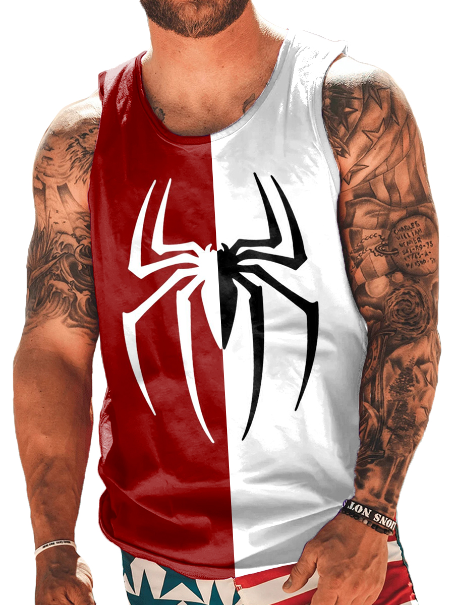 Men's 2 Print Spider Colorblock Pattern Crew Neck Tank Top Muscle Tee