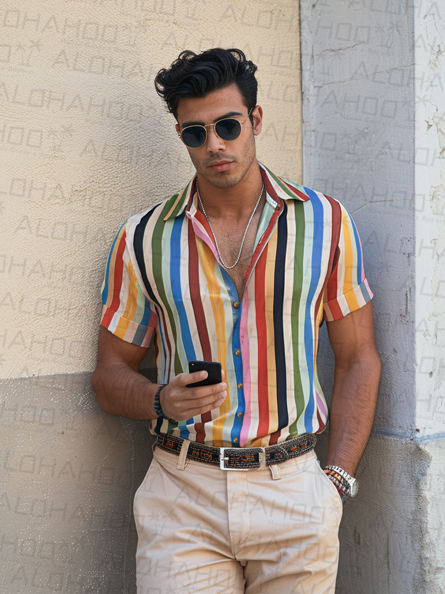 Retro Rainbow Stripes Men's Hawaiian Shirts Stretch Aloha Camp Shirts