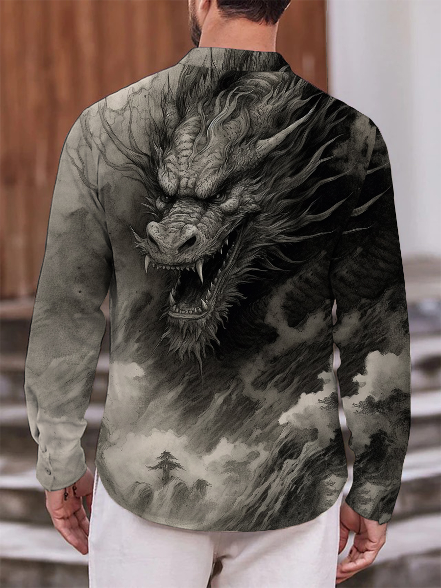 Vintage Ink Dragon Art Print Long Sleeve Hawaiian Shirt