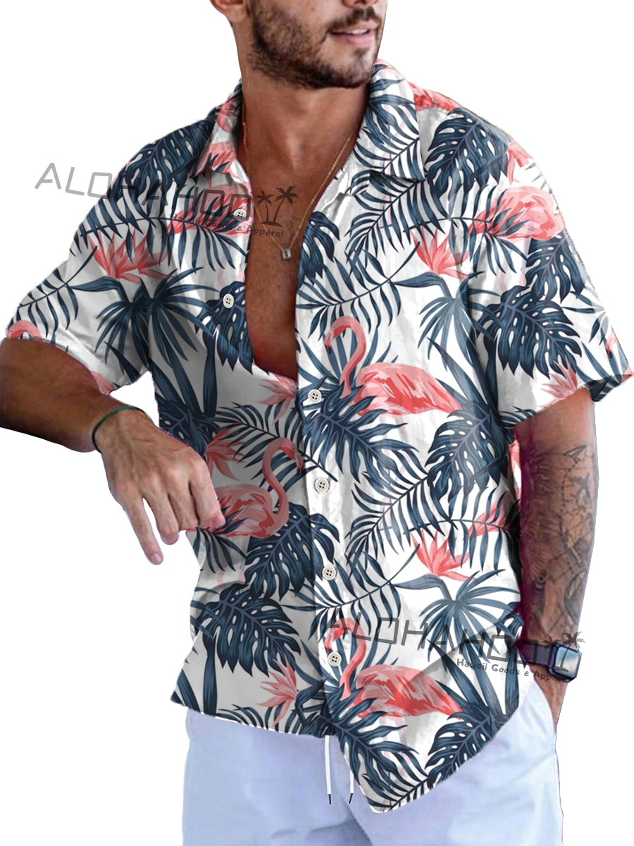 Men's Hawaiian Shirts Tropical Flamingo Palm Pattern Loose Short-Sleeved Shirt