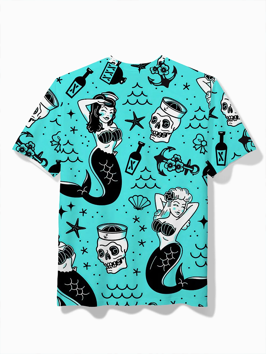 Retro Short Sleeve Crew Neck T-Shirt Nautical Tattoo Art Stretch Top Big Tall