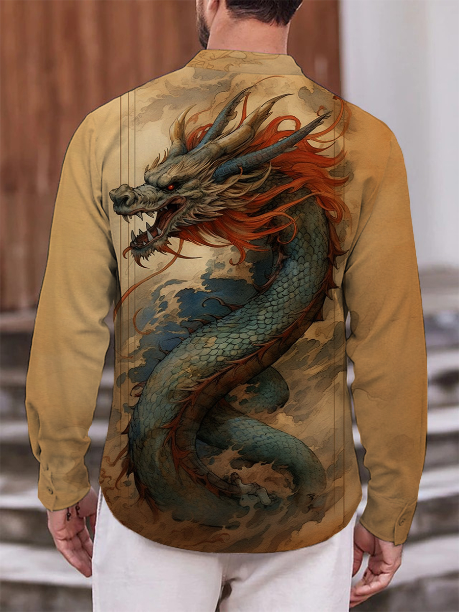 Vintage Dragon Art Print Long Sleeve Hawaiian Shirt