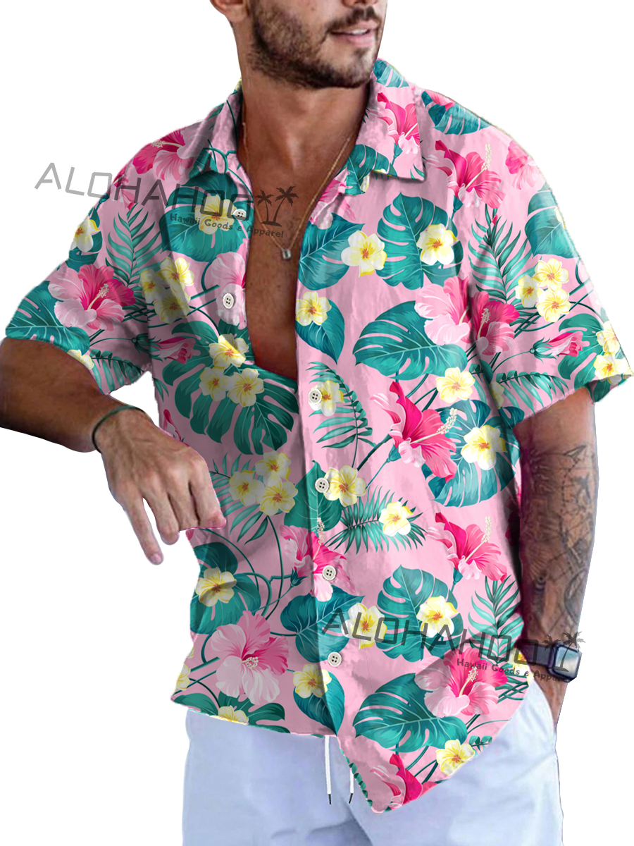 Men's Hawaiian Shirts Tropical Hibiscus Palm Pattern Loose Short-Sleeved Shirt