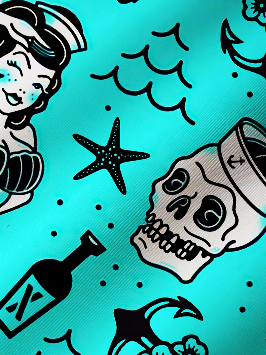 Retro Short Sleeve Crew Neck T-Shirt Nautical Tattoo Art Stretch Top Big Tall