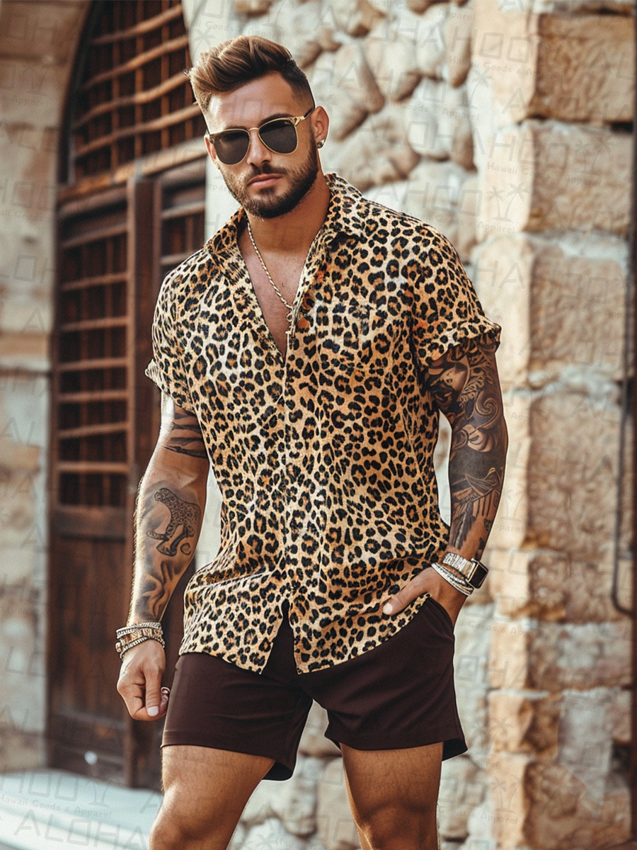 Men's Hawaiian Shirts Retro Leopard Pattern Stretch Aloha Camp Shirts