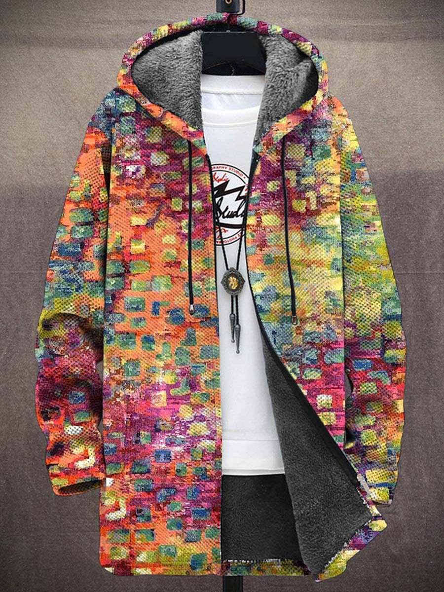 Men's Multicolored Squares Print Hooded Two-Pocket Fleece Cardigan Jacket