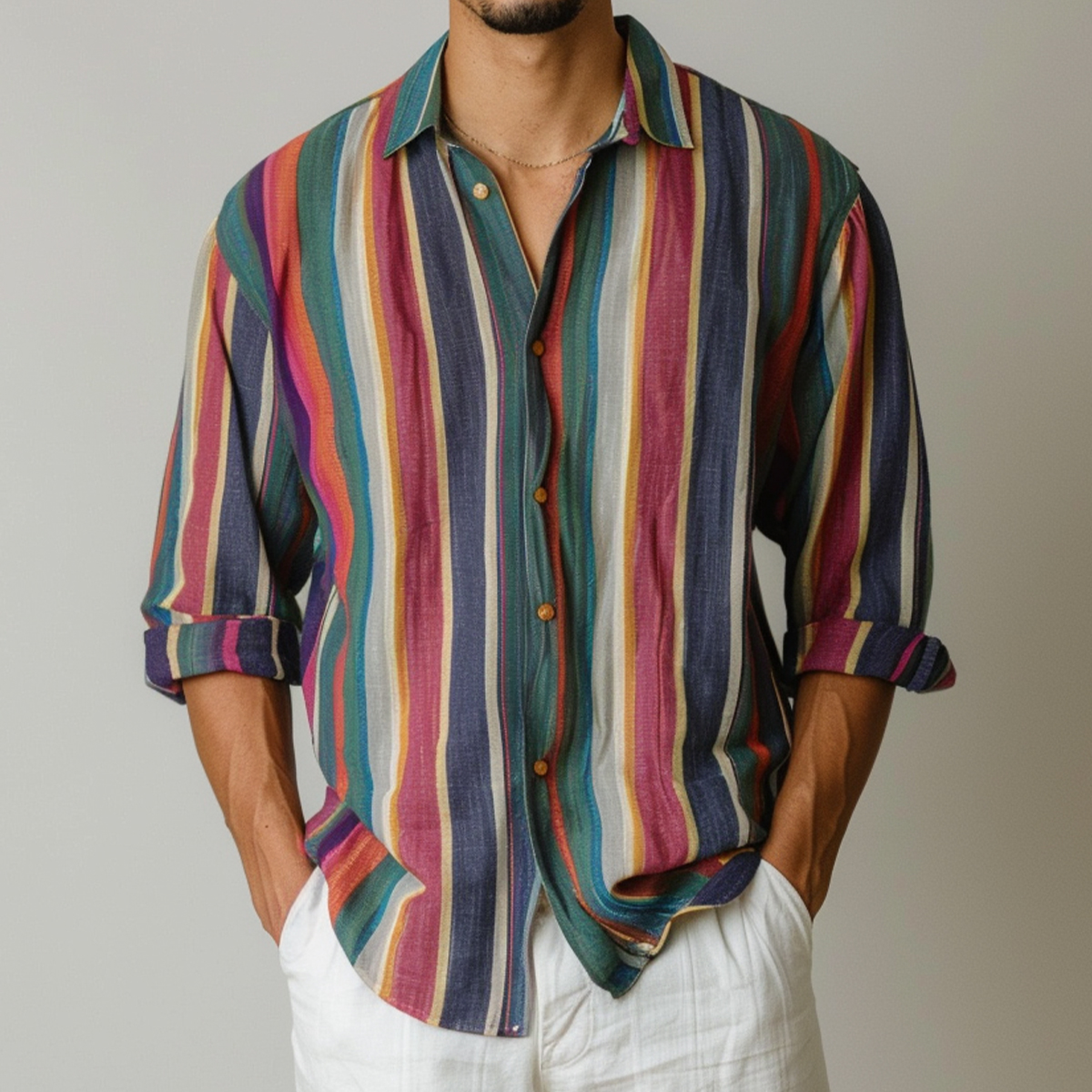 Men's Retro Colorful Stripes Long Sleeve Shirt