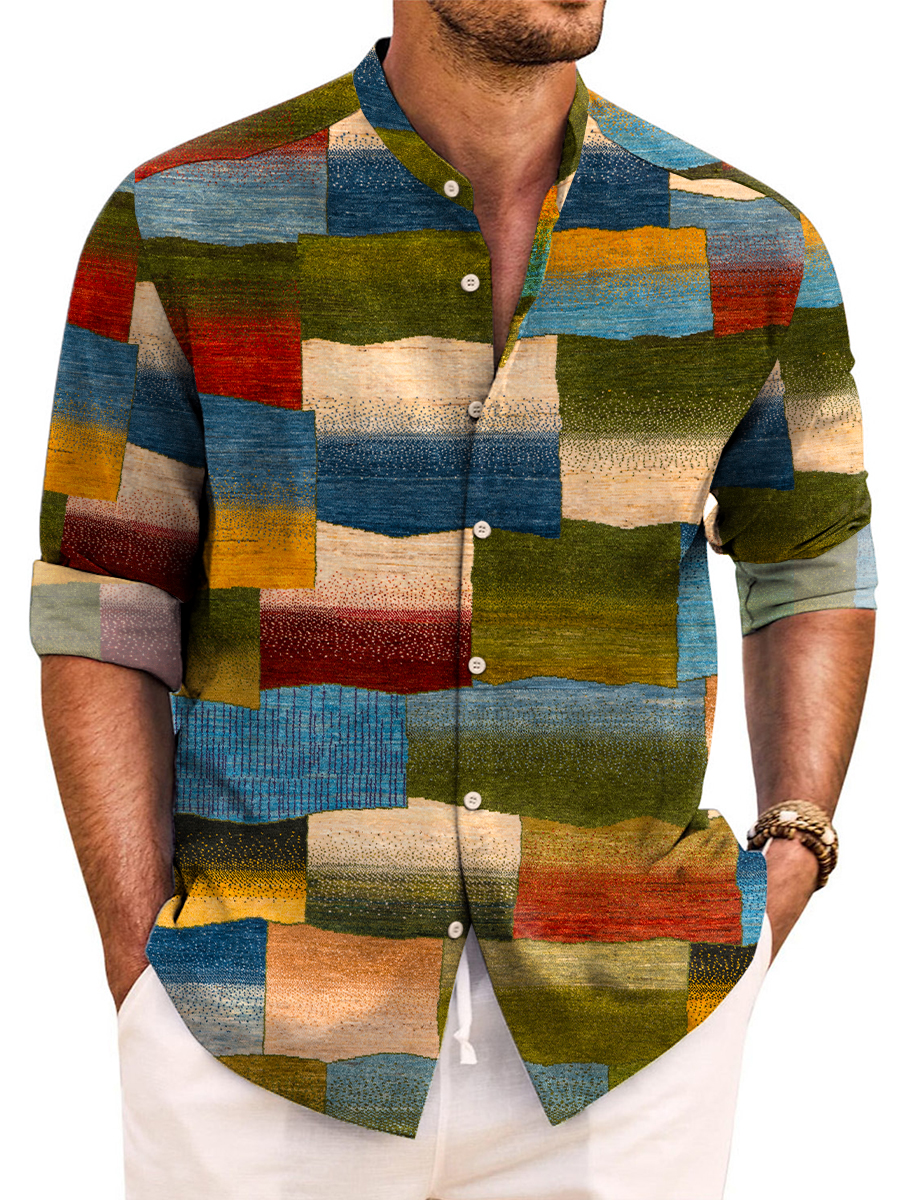 Retro Multicolor Colorblock Print Long Sleeve Band Collar Hawaiian Shirt