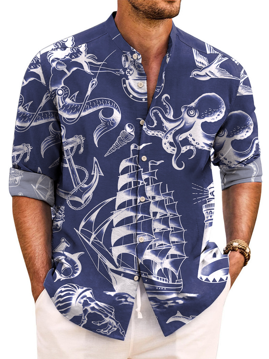 Vintage Hawaiian Shirts Nautical Mermaid Boat Easy Care Aloha Long Sleeve Shirts