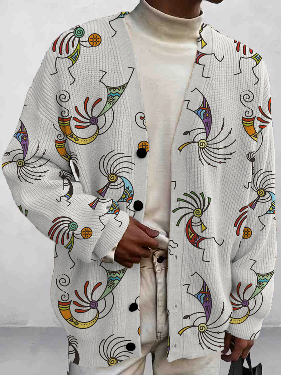 Men's Retro Kokopelli Pattern Hand Style Buttoned Cardigan