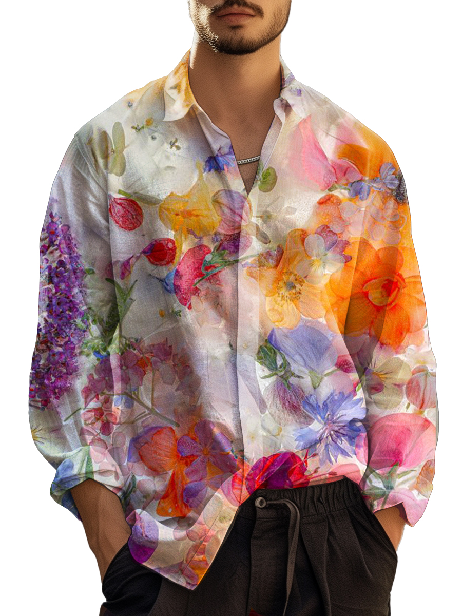 Men's Hawaiian Shirt Watercolor Floral Casual Vacation Oversized Long Sleeve Shirt